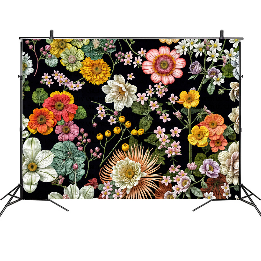 Koyu Tuval Üzerinde Bahar Esintili Çiçekler Fon Kumaş