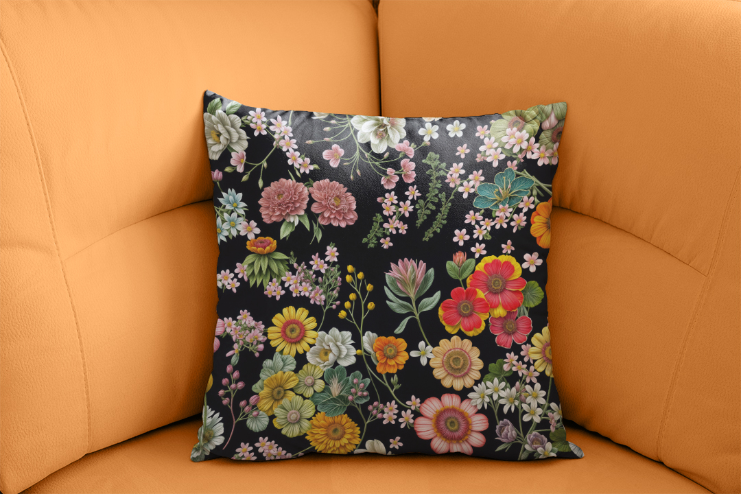 Koyu Tuval Üzerinde Bahar Esintili Çiçekler Kırlent