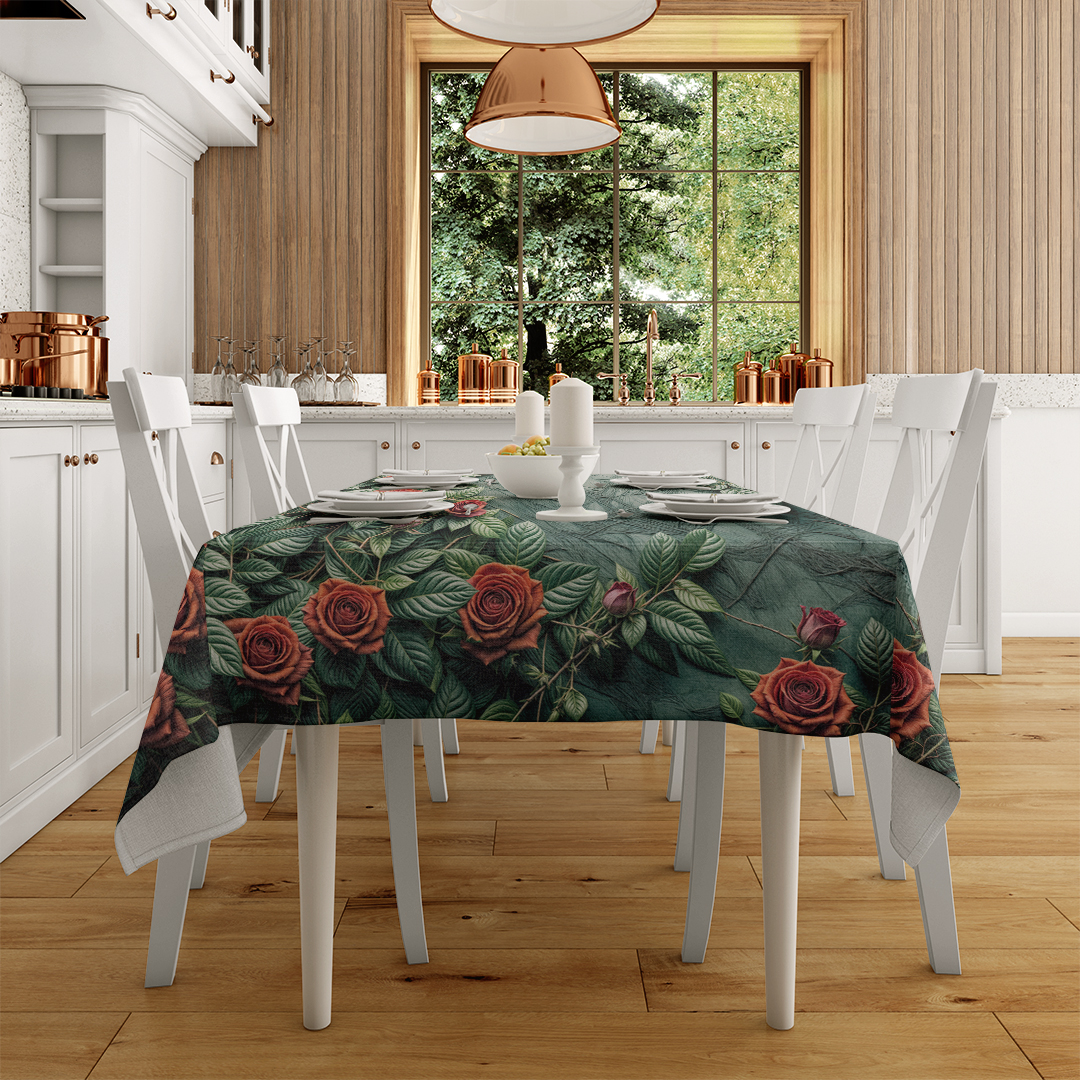 Koyu Zeminde Açan Gül Buketi Masa Örtüsü