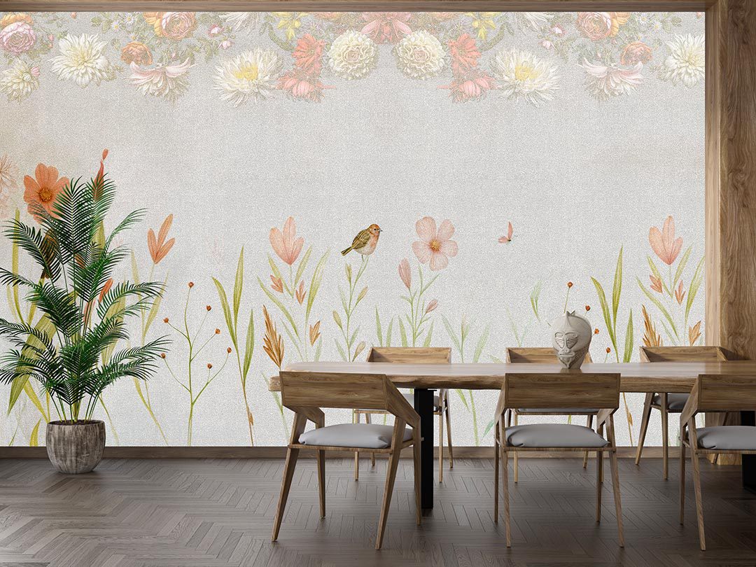 Kuşların Cıvıltısıyla Renklenen Çiçek Bahçesi Poster Duvar Kağıdı