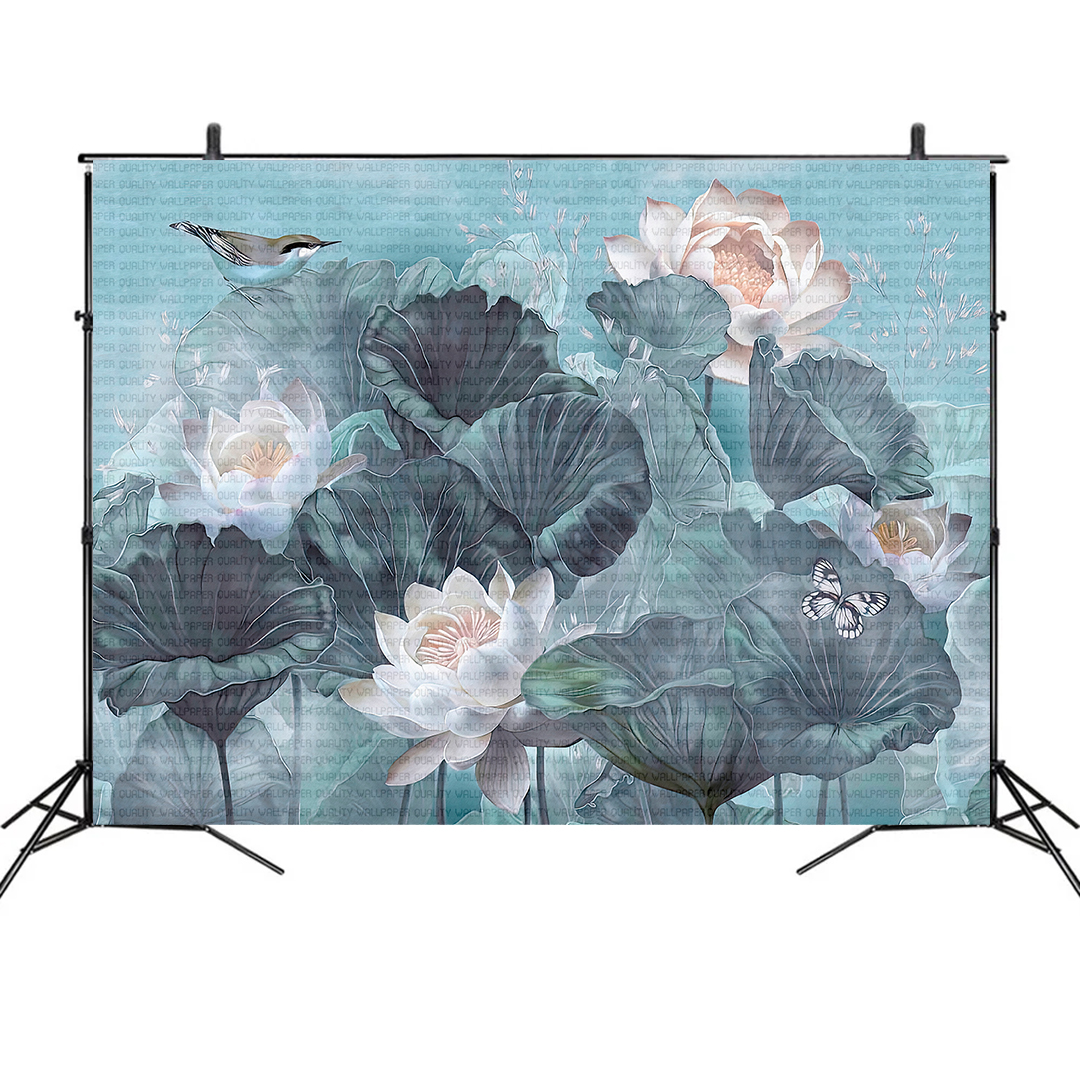 Kuşların Şarkısıyla Dans Eden Lotus Çiçekleri Fon Kumaş