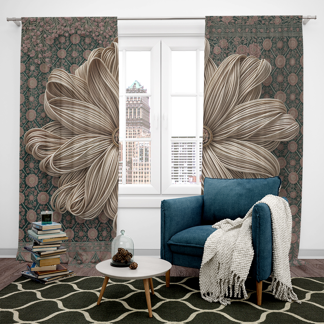 Otantik Desenlerle Bezenmiş Halı Üzerinde Mistik Çiçek Kompozisyonu Fon Perde