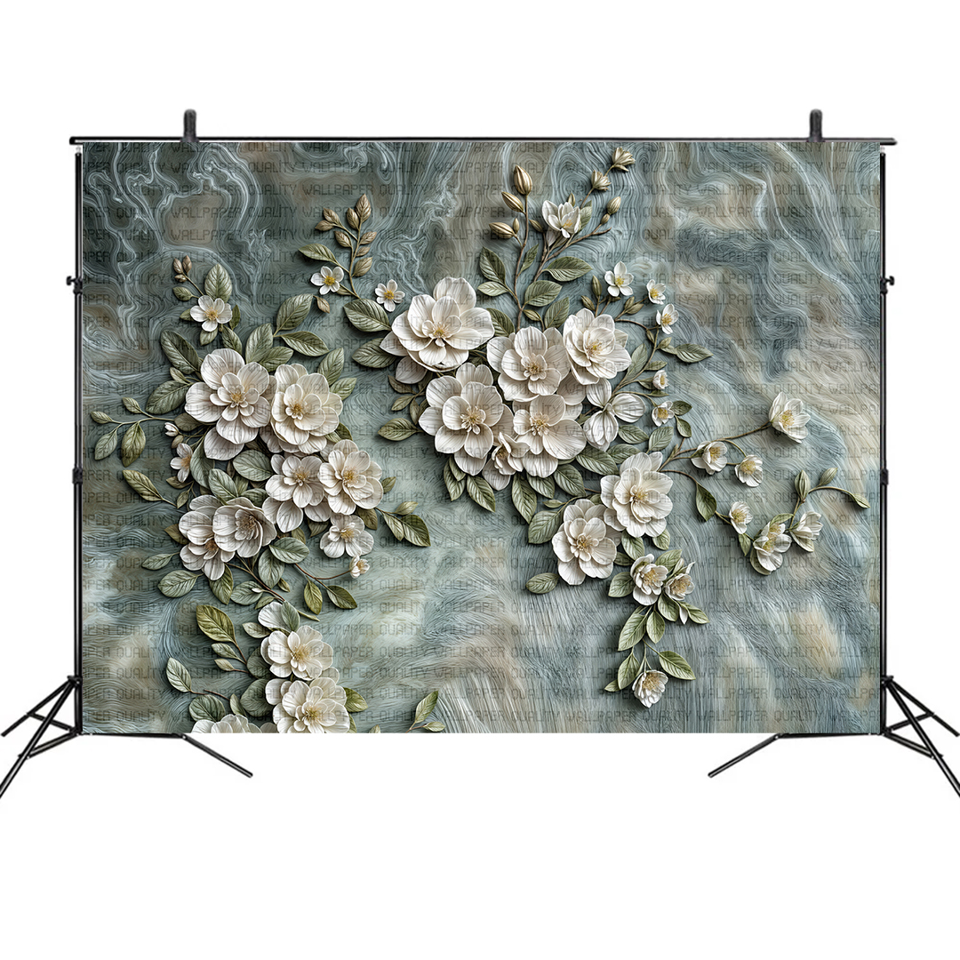 Pastel Mermer Dokulu Zeminde Narin Çiçek Buketi Fon Kumaş