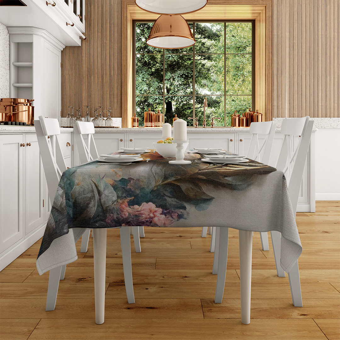 Pastel Renklerin Karışması Sonucu Büyülü Çiçek Deseni Masa Örtüsü