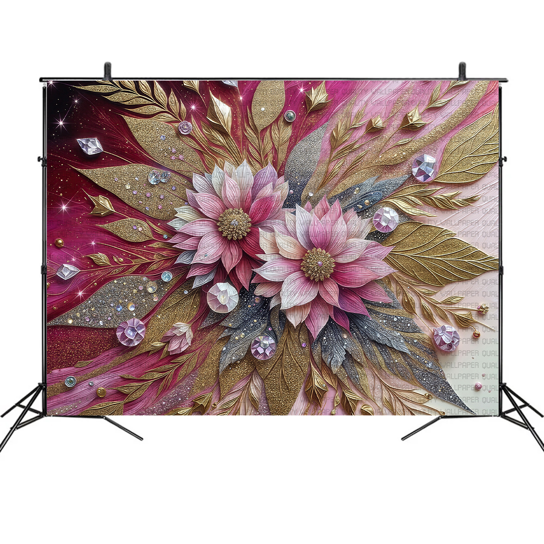 Pırıltılı Detaylarla Zenginleştirilmiş Eşsiz Çiçek Kompozisyonu Fon Kumaş