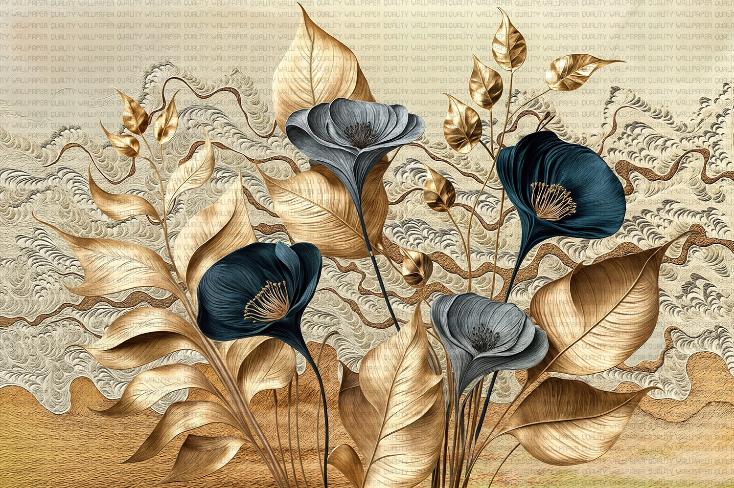 Siyahın Derinliği ve Altının Işıltısıyla Buluşan Çiçeklerin Gizemli Dansı