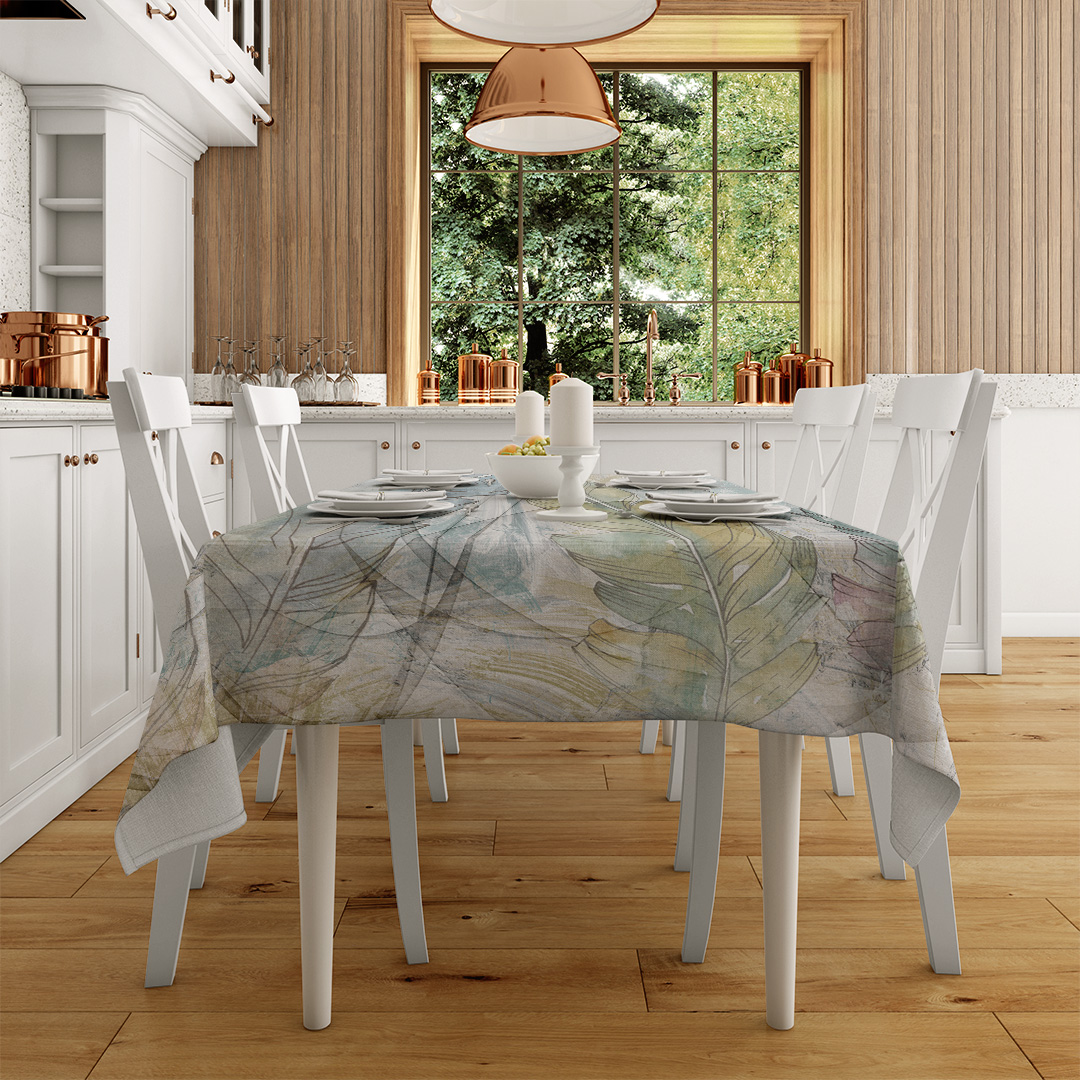 Soft Renklerde Yapraklara Dokunuş Masa Örtüsü