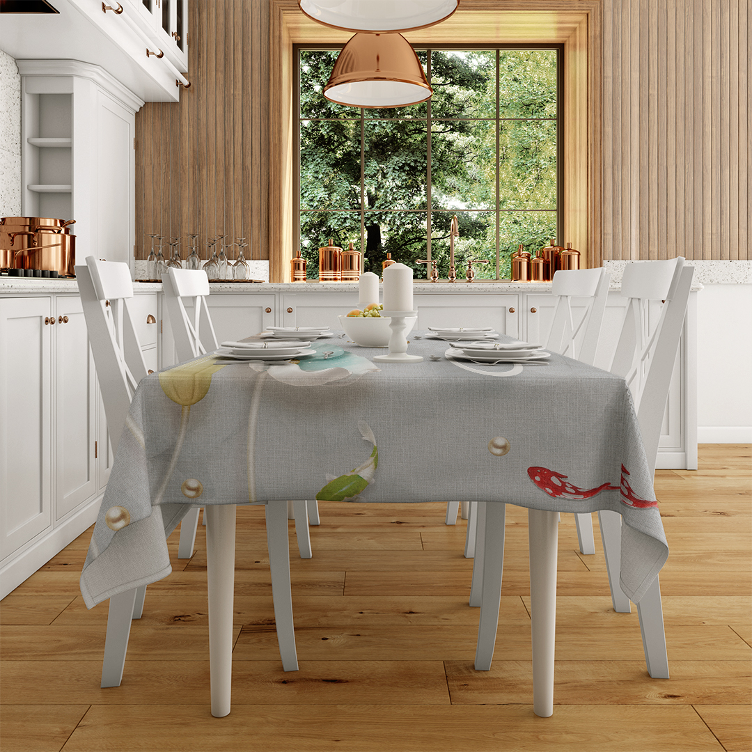 Suyun Zarafetiyle Buluşan Çiçekler ve Balıklar Masa Örtüsü