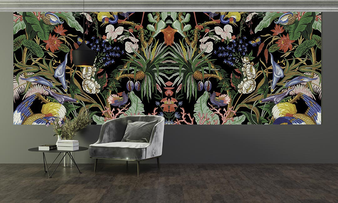 Tropikal Çiçekler ve Egzotik Zarif Kuşlar Poster Duvar Kağıdı