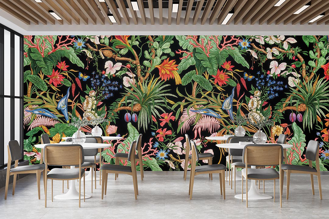 Tropikal Çiçekler ve Egzotik Zarif Kuşlar Poster Duvar Kağıdı