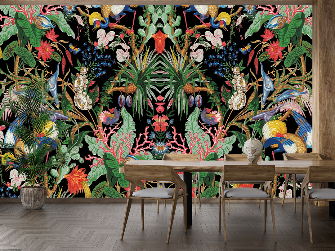 Tropikal Çiçekler ve Egzotik Zarif Kuşlar Poster Duvar Kağıdı