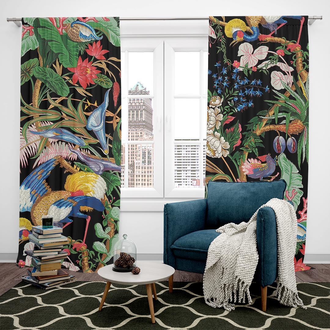 Tropikal Çiçekler ve Egzotik Zarif Kuşlar Fon Perde