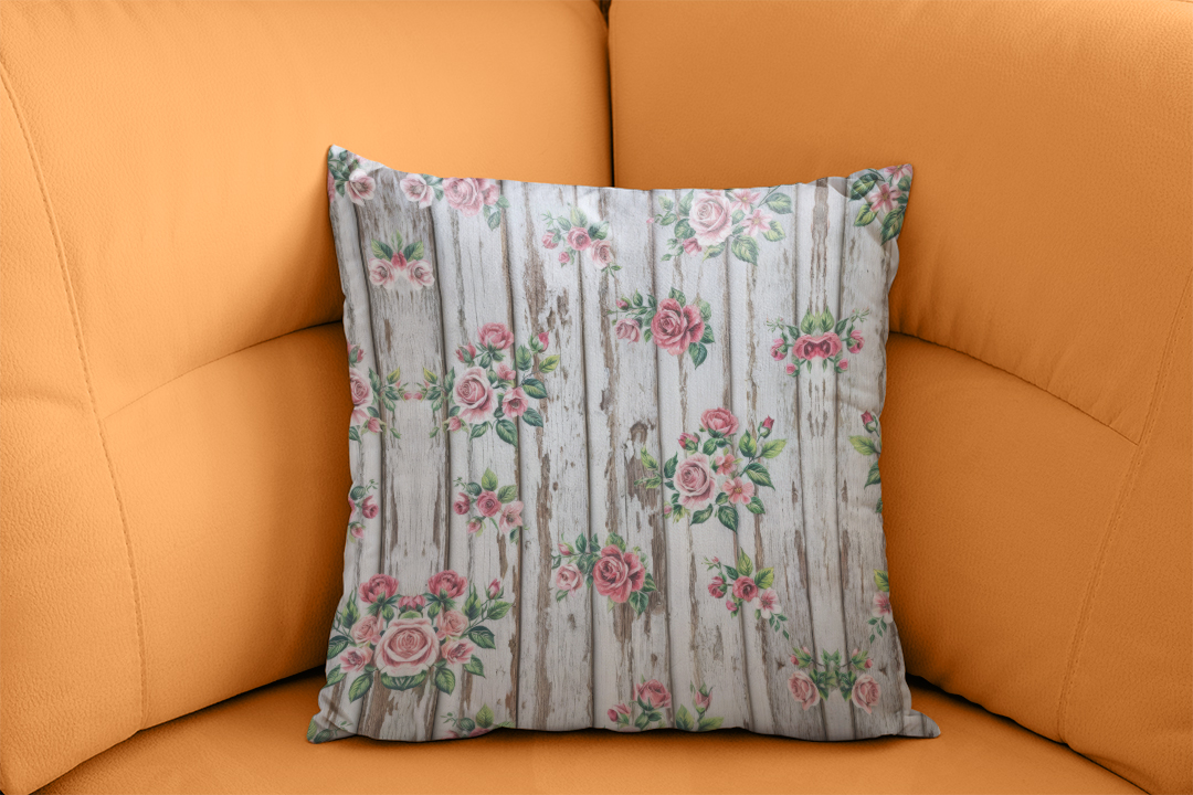 Vintage Ahşapta Pembe Gül Bahçesi Kırlent