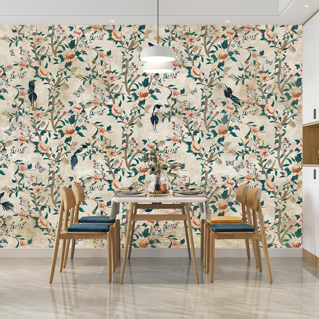 Vintage Çiçekler Kuşlar ve Kelebeklerle Bezenmiş Nostaljik Bahçe Poster Duvar Kağıdı