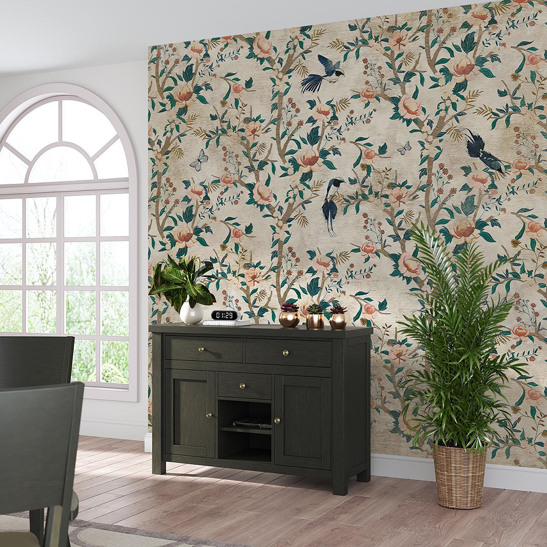 Vintage Çiçekler Kuşlar ve Kelebeklerle Bezenmiş Nostaljik Bahçe Poster Duvar Kağıdı