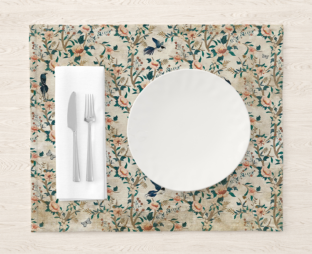 Vintage Çiçekler Kuşlar ve Kelebeklerle Bezenmiş Nostaljik Bahçe Amerikan Servis