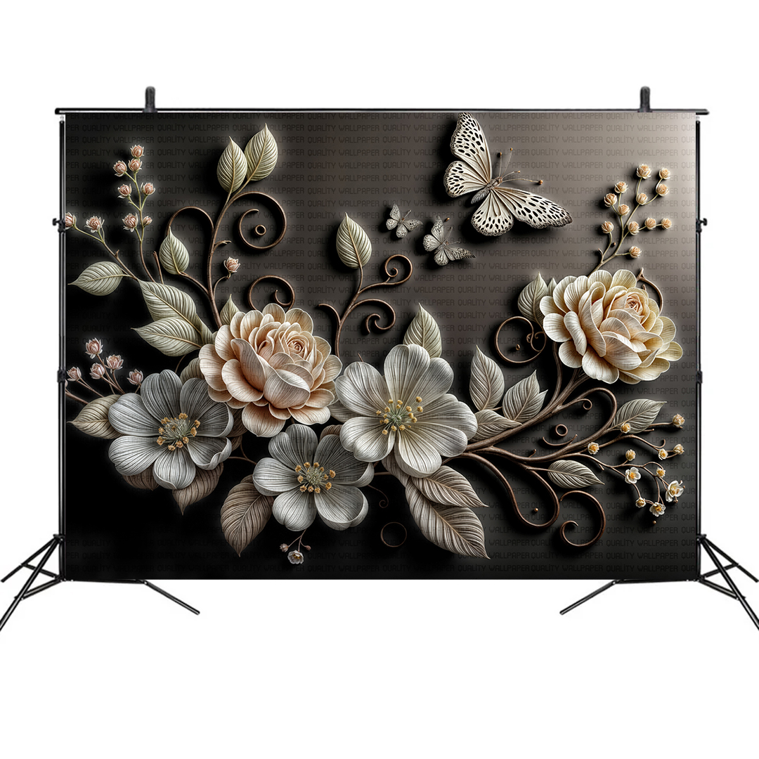 Zarif Çiçek Buketi Üzerinde Uçuşan Kelebekler ve Mistik Desenler Fon Kumaş