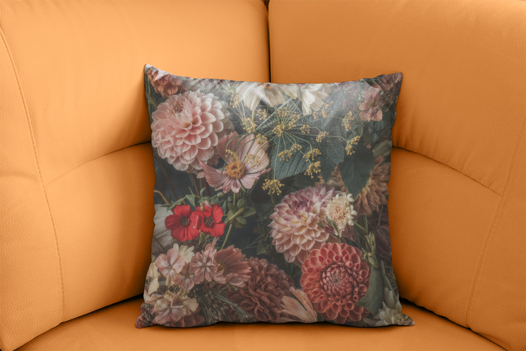 Zengin Renklerle Bezenmiş Çiçeklerin Buluşması Kırlent