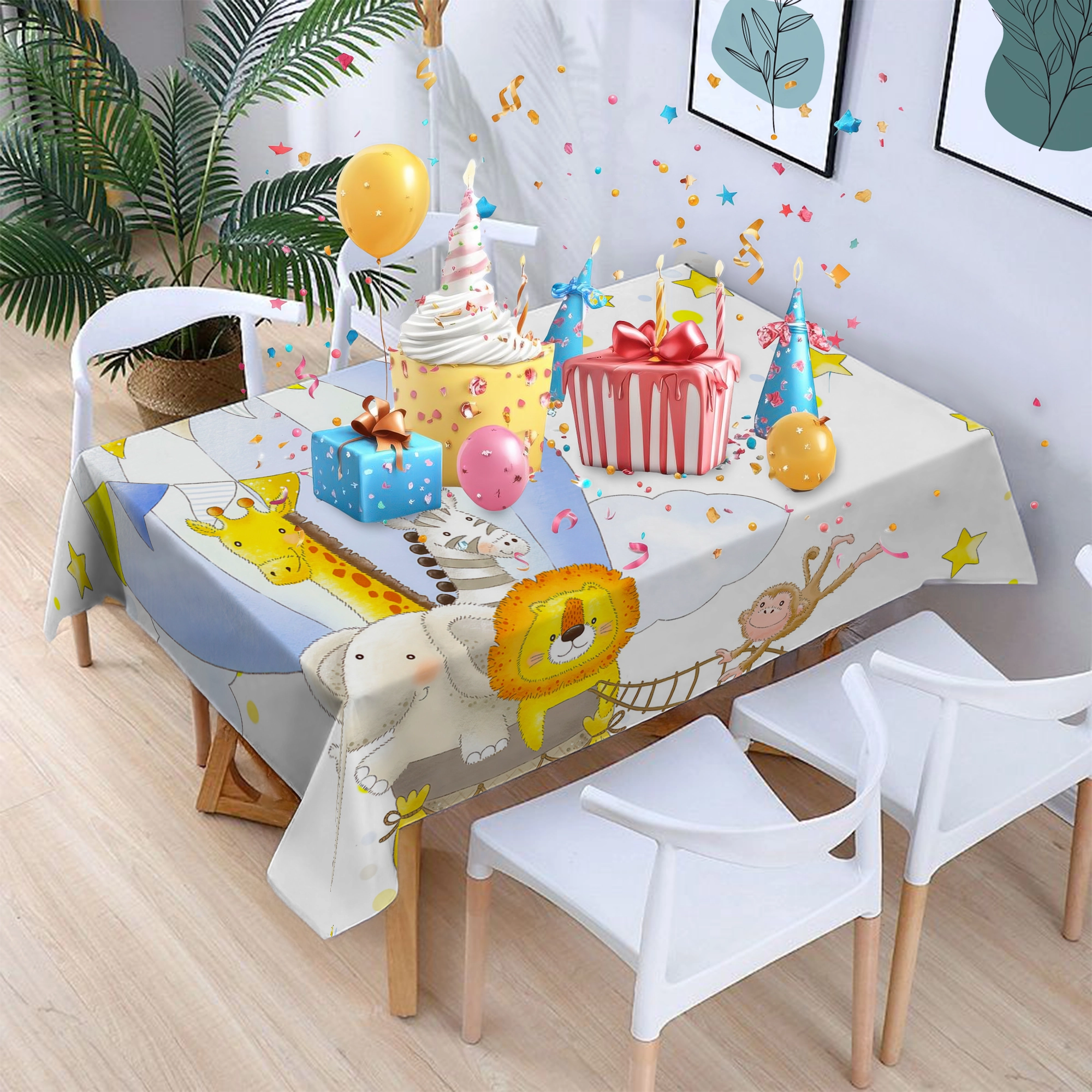 Zürafa Aslan Fil Zebra ve Maymunun Eğlenceli Balonlu Macerası Masa Örtüsü